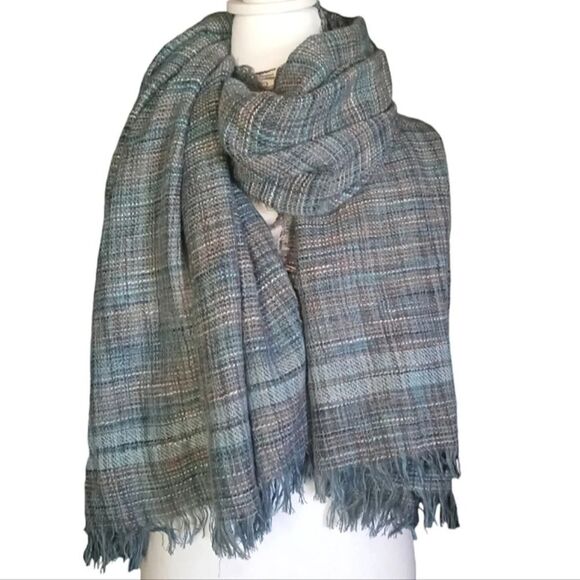 Steve Madden Teal Gray Colorful Fringe Trim Loose Knit Blanket Scarf - Picture 5 of 7